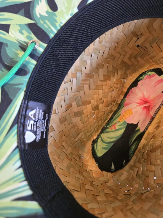 Straw Beach Sun Hat with Green Trim and Floral Patch New With Tag - Picture 6 of 7